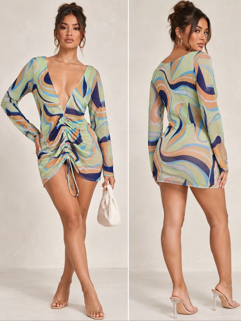 Y2K Retro Swirl Sheer Mesh Ruched Top Swimsuit Cover Up 2XL